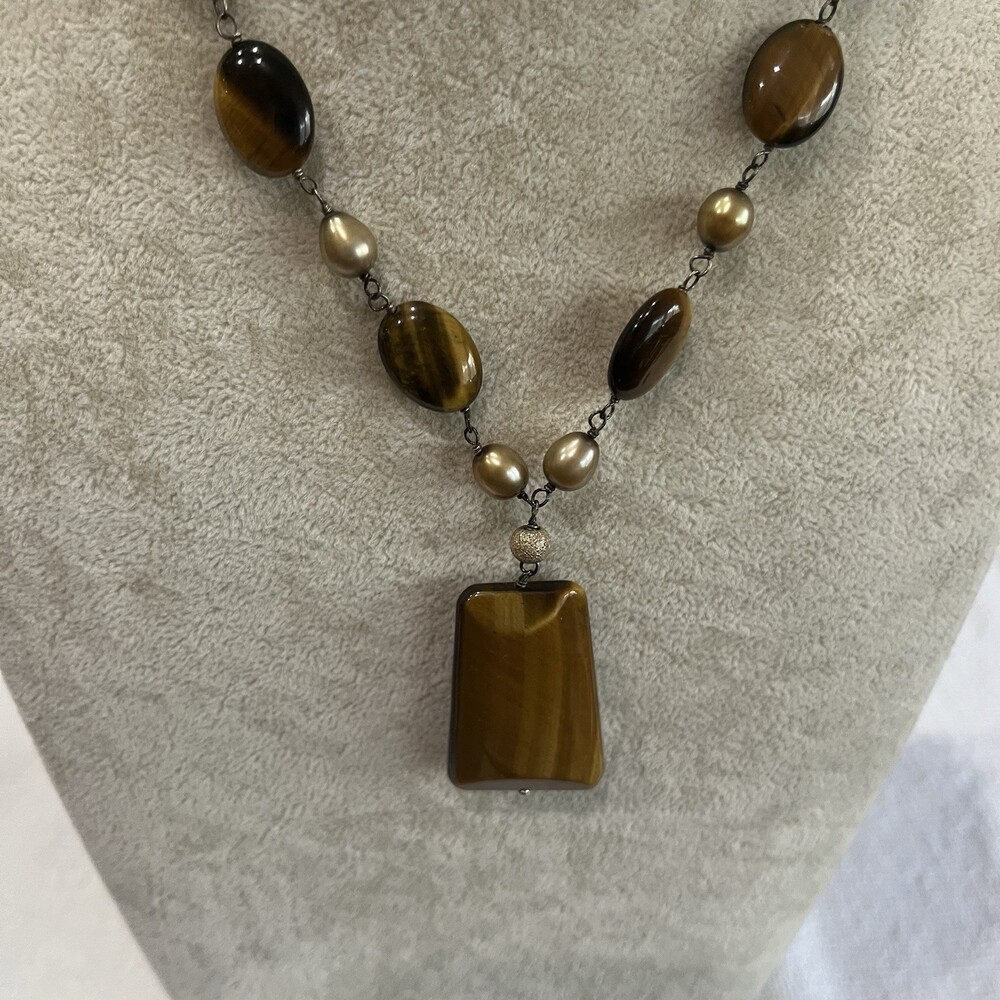 Tiger Eye Pendant‎ Necklace Freshwater Pearl Sterling Silver 925 Statement